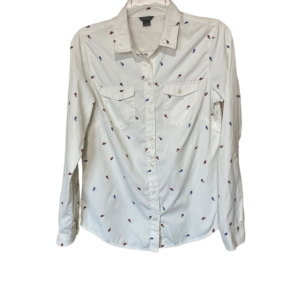 Eddie Bauer White Button Down Shirt with Red and Blue Accents